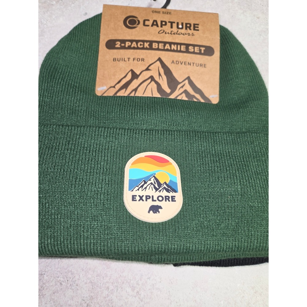 Capture Outdoors Beanie Set Mens OS Green Black New 2-Pack Knit Explore Patch